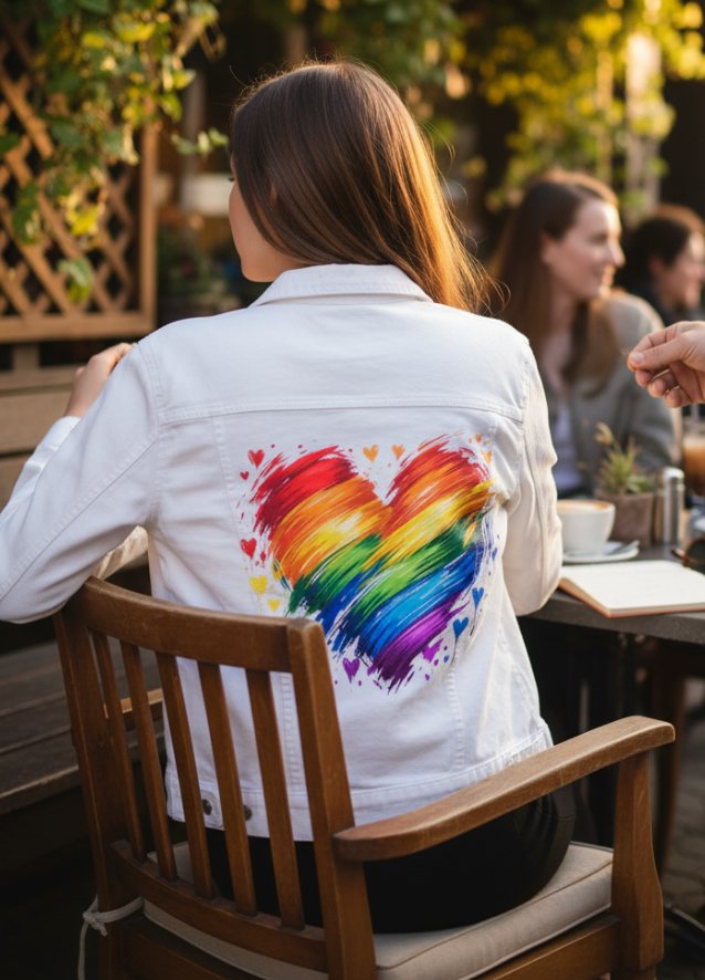 BOLD HEARTS & BRIGHT COLORS, digitally printed on DENIM products: throw pillows, aprons, table place mats, hand-made Unisex Denim Jackets in 3 color choices