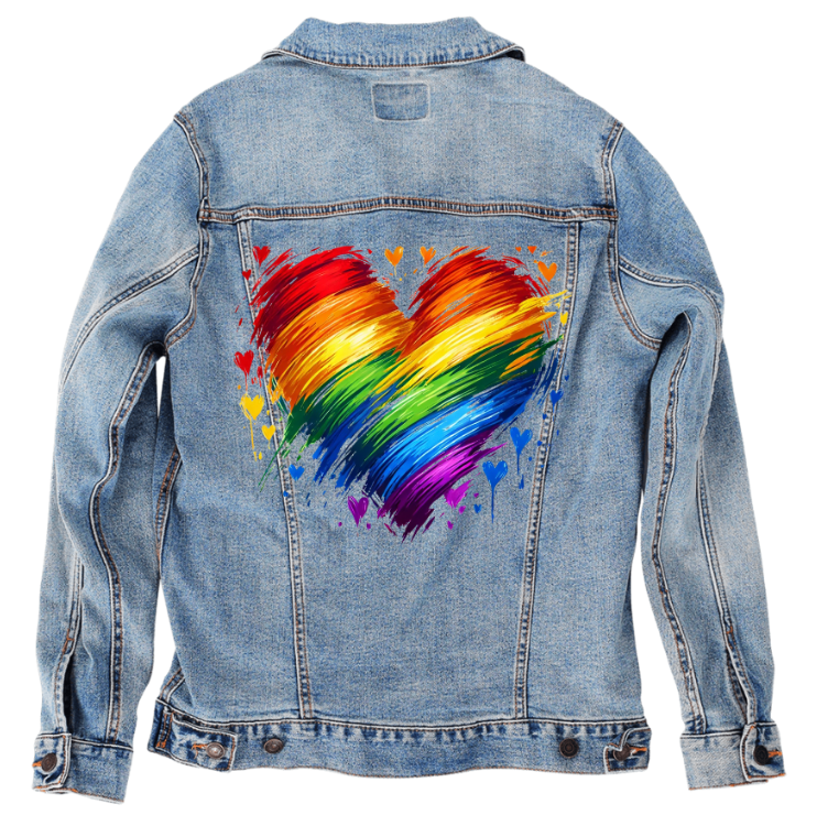 BOLD HEARTS & BRIGHT COLORS, digitally printed on DENIM products: throw pillows, aprons, table place mats, hand-made Unisex Denim Jackets in 3 color choices