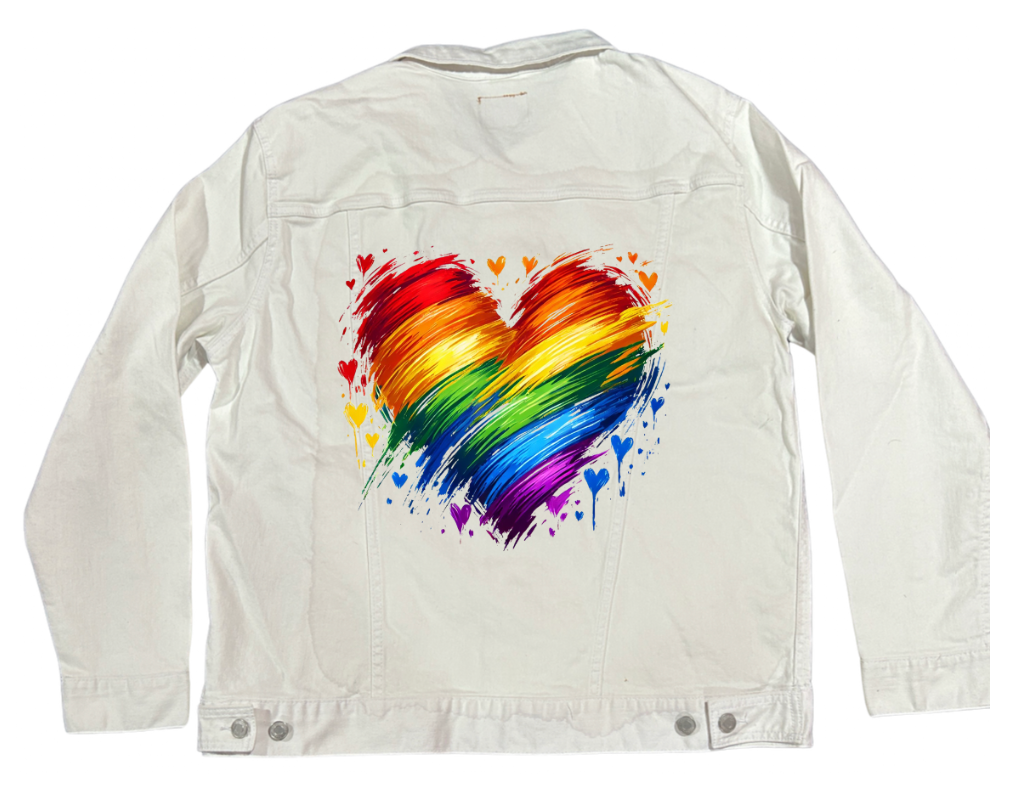 BOLD HEARTS & BRIGHT COLORS, digitally printed on DENIM products: throw pillows, aprons, table place mats, hand-made Unisex Denim Jackets in 3 color choices