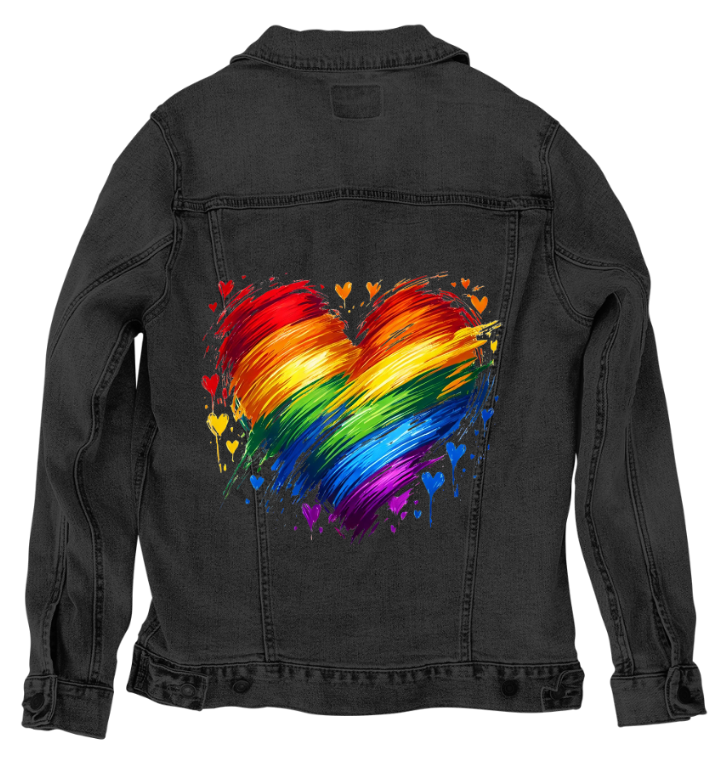 BOLD HEARTS & BRIGHT COLORS, digitally printed on DENIM products: throw pillows, aprons, table place mats, hand-made Unisex Denim Jackets in 3 color choices