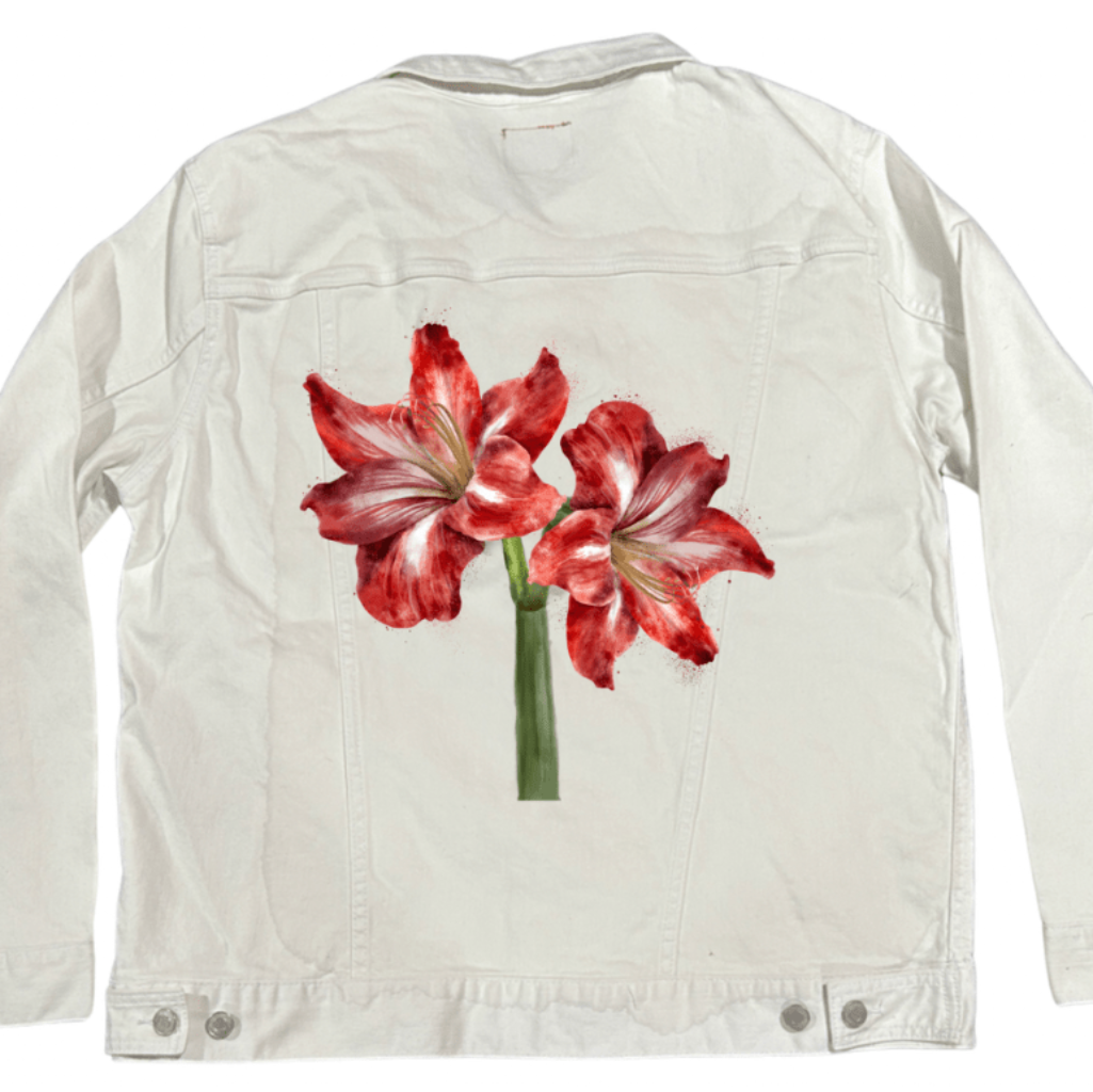 2 RED LILY by RaMir DESIGNS,printed by DenimINK on hand-crafted Denim Jackets and other denim products and other denim products: tote bags, throw pillows, table place mats, aprons