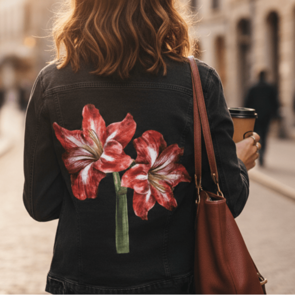 2 RED LILY by RaMir DESIGNS,printed by DenimINK on hand-crafted Denim Jackets and other denim products and other denim products: tote bags, throw pillows, table place mats, aprons