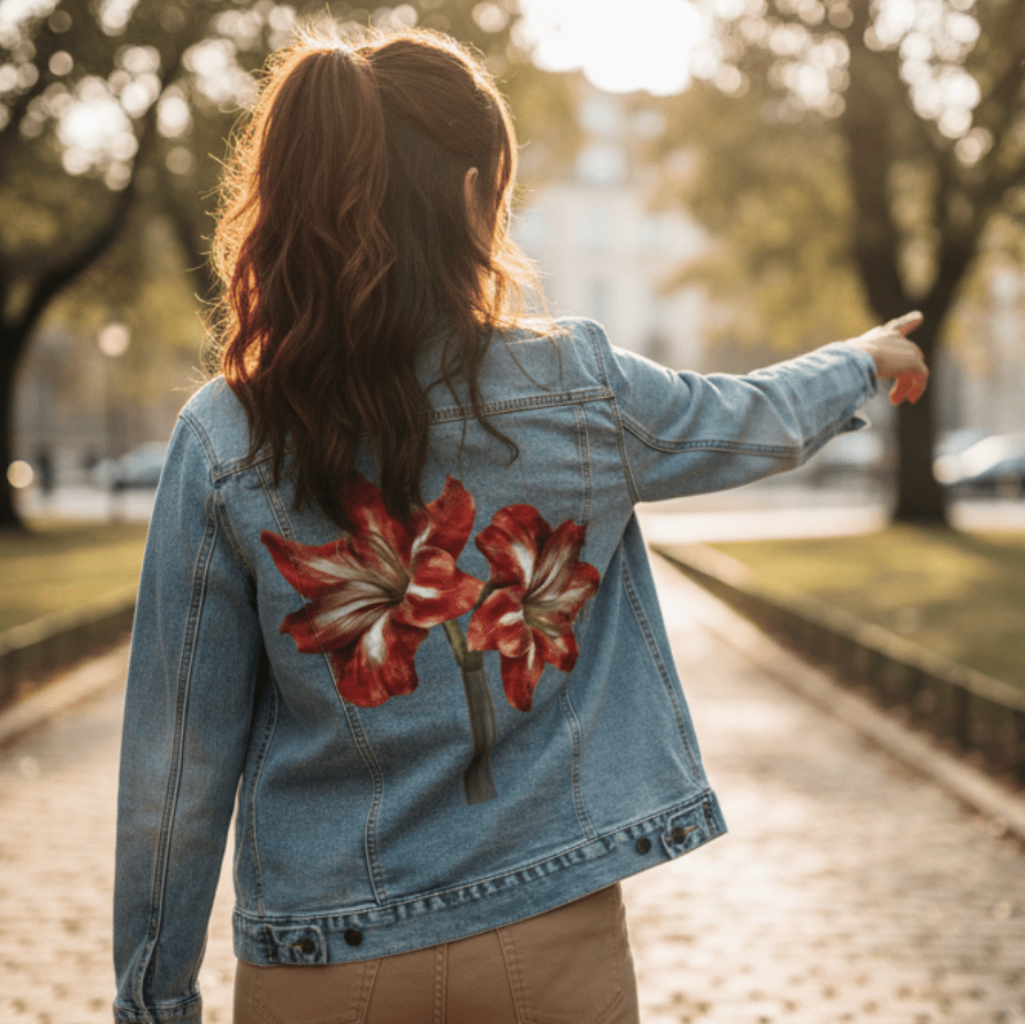 2 RED LILY by RaMir DESIGNS,printed by DenimINK on hand-crafted Denim Jackets and other denim products and other denim products: tote bags, throw pillows, table place mats, aprons