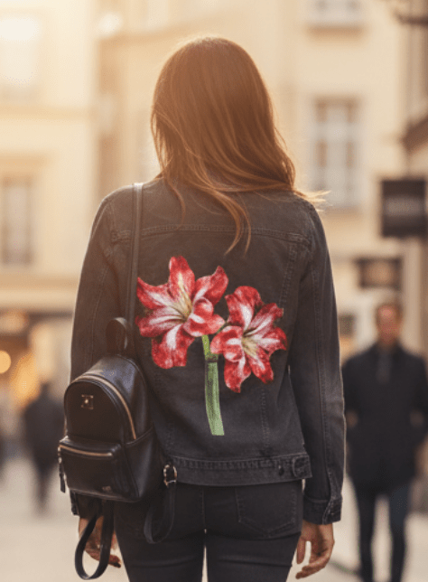 2 RED LILY by RaMir DESIGNS,printed by DenimINK on hand-crafted Denim Jackets and other denim products and other denim products: tote bags, throw pillows, table place mats, aprons