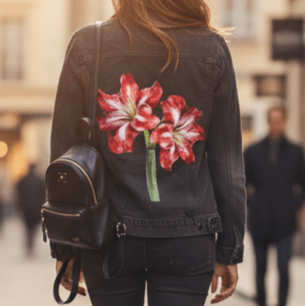 2 RED LILY by RaMir DESIGNS,printed by DenimINK on hand-crafted Denim Jackets and other denim products and other denim products: tote bags, throw pillows, table place mats, aprons