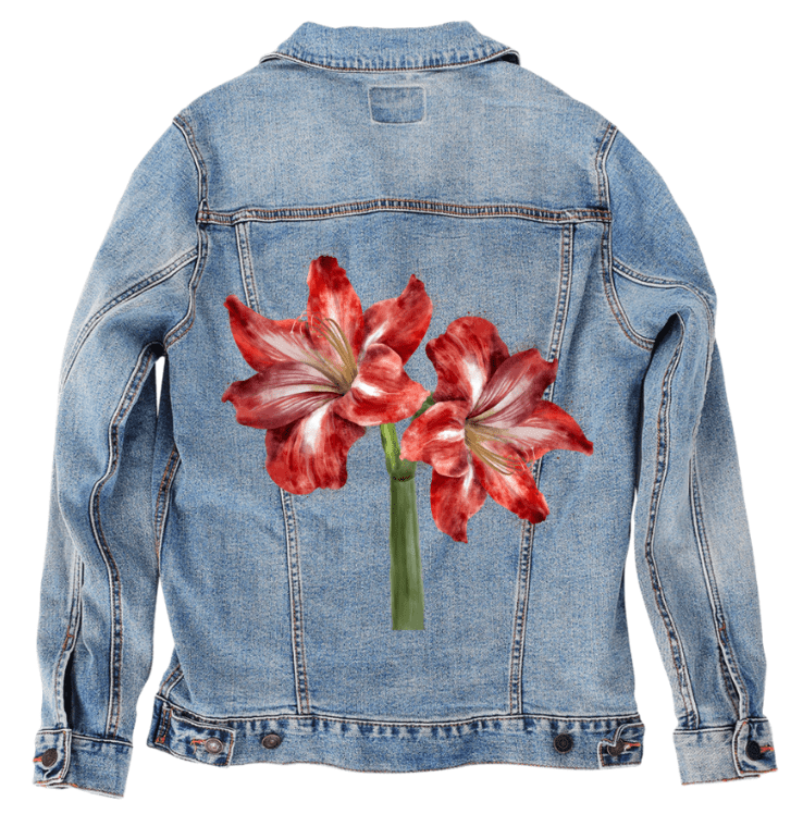 2 RED LILY by RaMir DESIGNS,printed by DenimINK on hand-crafted Denim Jackets and other denim products and other denim products: tote bags, throw pillows, table place mats, aprons