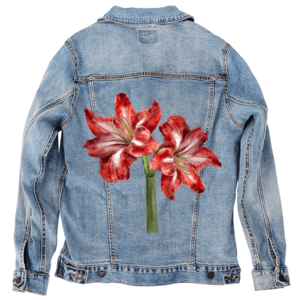 2 RED LILY by RaMir DESIGNS,printed by DenimINK on hand-crafted Denim Jackets and other denim products and other denim products: tote bags, throw pillows, table place mats, aprons