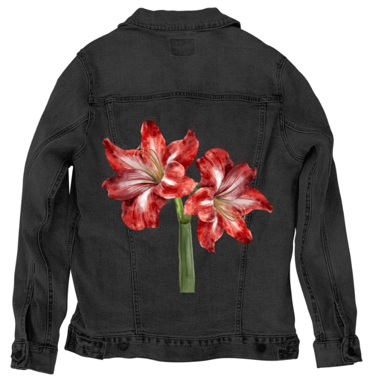 2 RED LILY by RaMir DESIGNS,printed by DenimINK on hand-crafted Denim Jackets and other denim products and other denim products: tote bags, throw pillows, table place mats, aprons