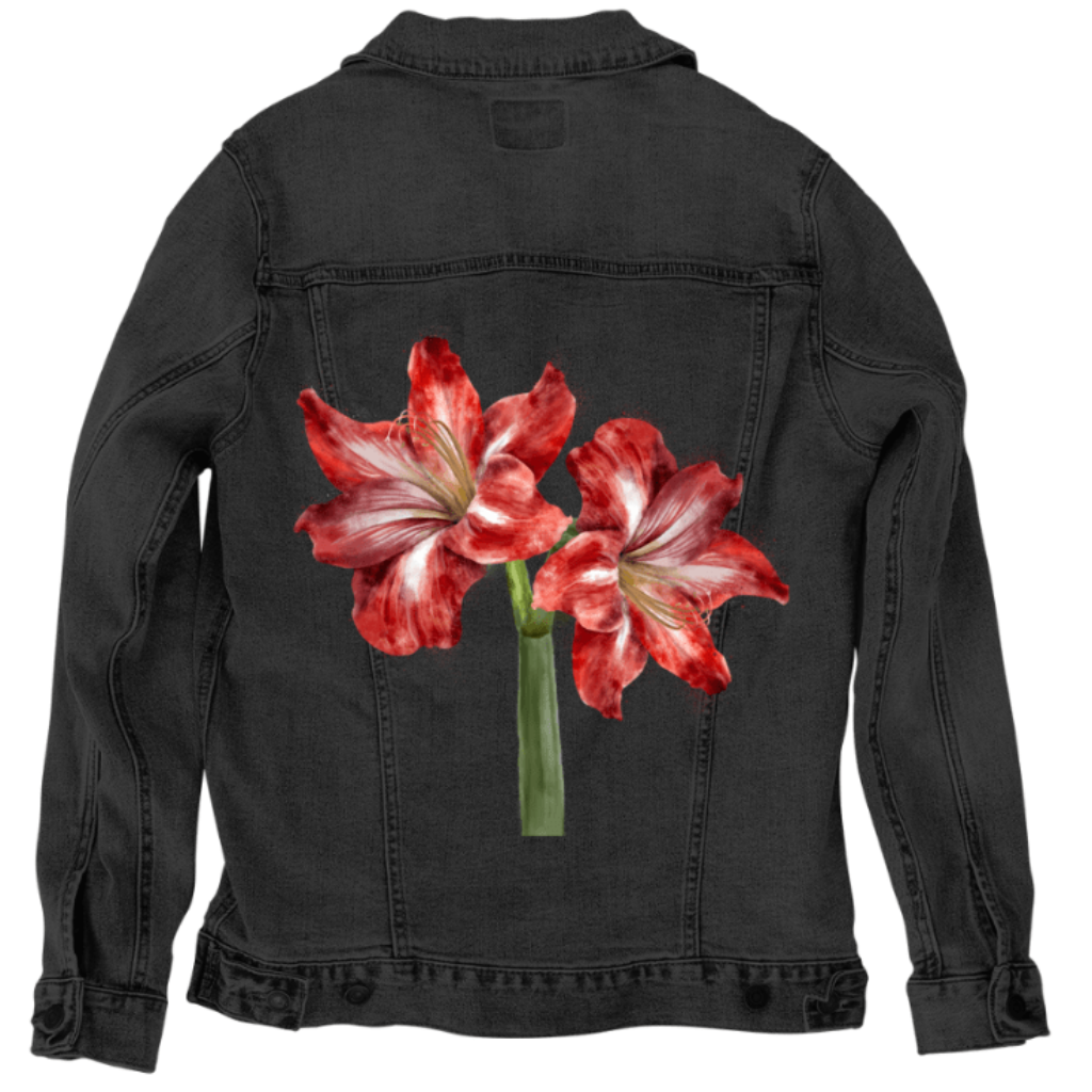 2 RED LILY by RaMir DESIGNS,printed by DenimINK on hand-crafted Denim Jackets and other denim products and other denim products: tote bags, throw pillows, table place mats, aprons