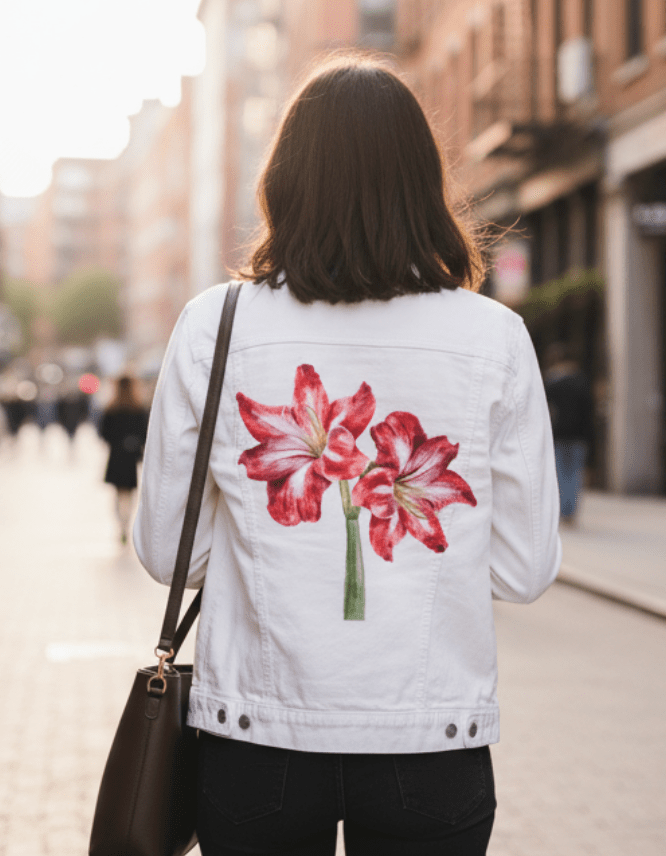 2 RED LILY by RaMir DESIGNS,printed by DenimINK on hand-crafted Denim Jackets and other denim products and other denim products: tote bags, throw pillows, table place mats, aprons