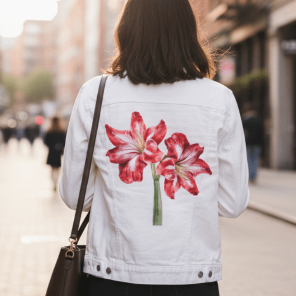 2 RED LILY by RaMir DESIGNS,printed by DenimINK on hand-crafted Denim Jackets and other denim products and other denim products: tote bags, throw pillows, table place mats, aprons