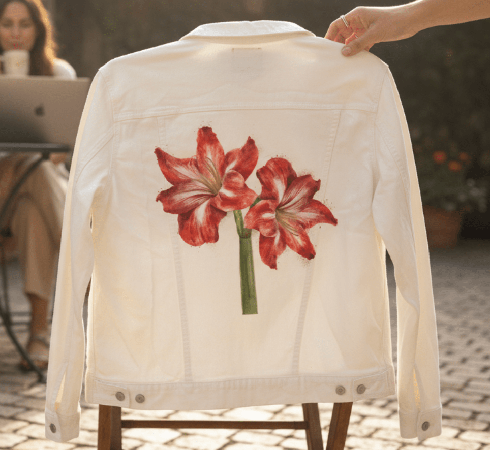 2 RED LILY by RaMir DESIGNS,printed by DenimINK on hand-crafted Denim Jackets and other denim products and other denim products: tote bags, throw pillows, table place mats, aprons