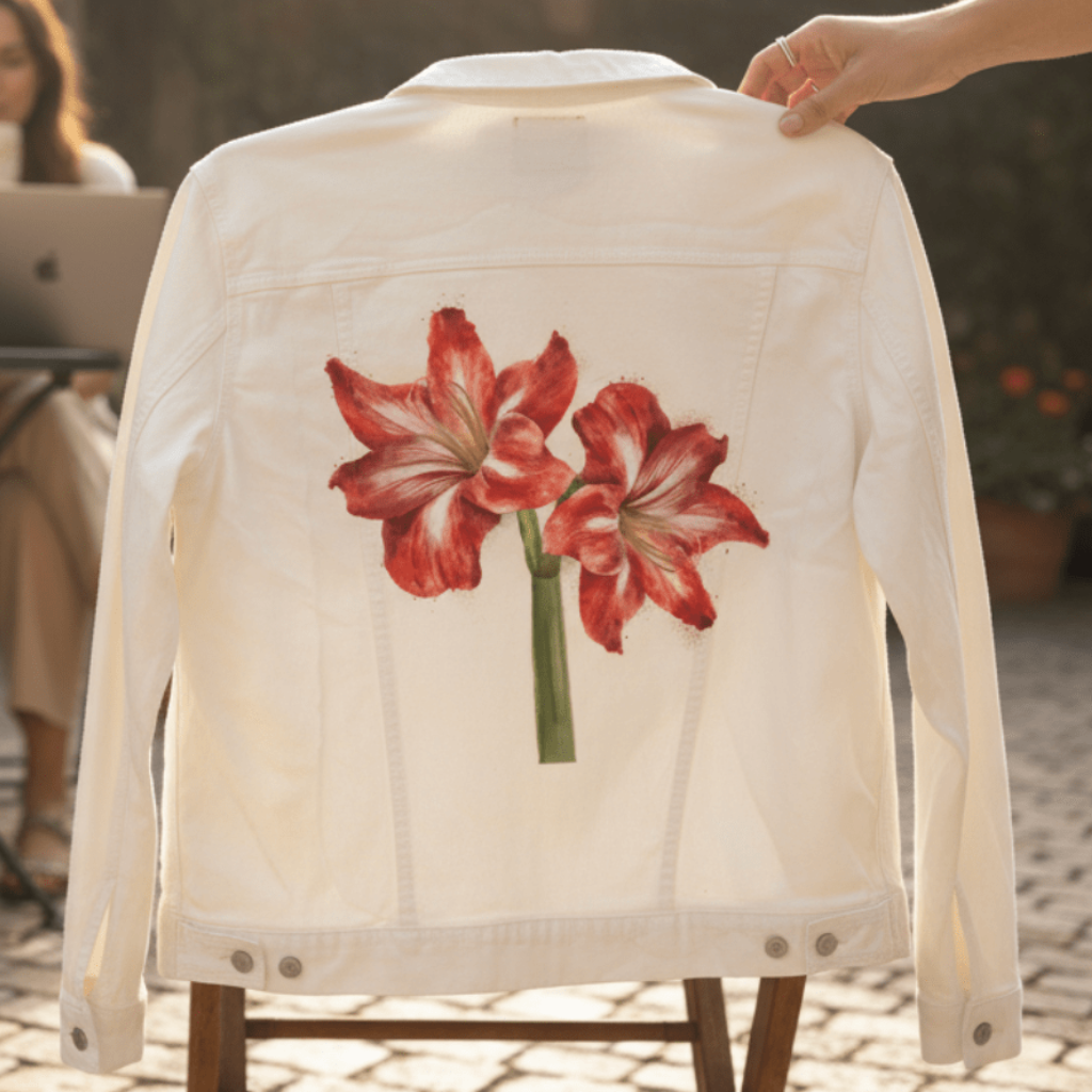 2 RED LILY by RaMir DESIGNS,printed by DenimINK on hand-crafted Denim Jackets and other denim products and other denim products: tote bags, throw pillows, table place mats, aprons
