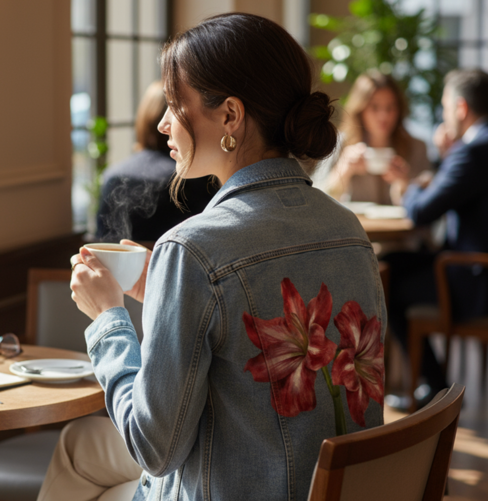 2 RED LILY by RAMIR DESIGNS, digitally printed on DENIM products: throw pillows, aprons, table place mats, and hand-made Unisex Denim Jackets in 3 color choices