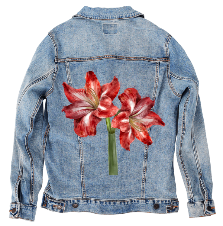 2 RED LILY by RAMIR DESIGNS, digitally printed on DENIM products: throw pillows, aprons, table place mats, and hand-made Unisex Denim Jackets in 3 color choices