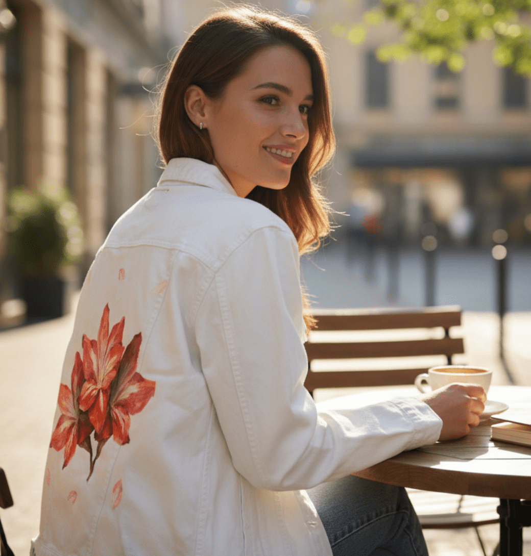3 RED FLOWERS by RaMir DESIGNS,printed by DenimINK on hand-crafted Denim Jackets and other denim products and other denim products: tote bags, throw pillows, table place mats, aprons