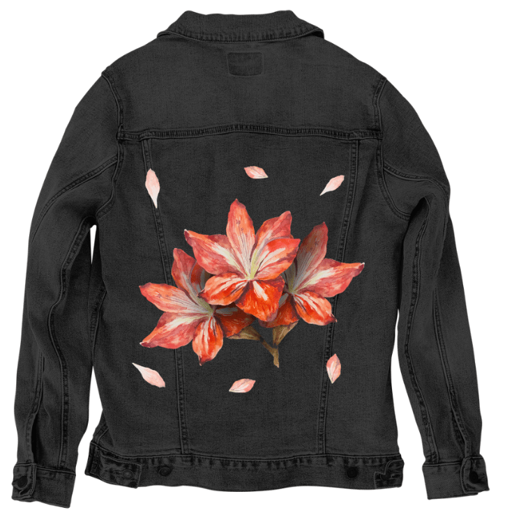 3 RED FLOWERS by RaMir DESIGNS,printed by DenimINK on hand-crafted Denim Jackets and other denim products and other denim products: tote bags, throw pillows, table place mats, aprons