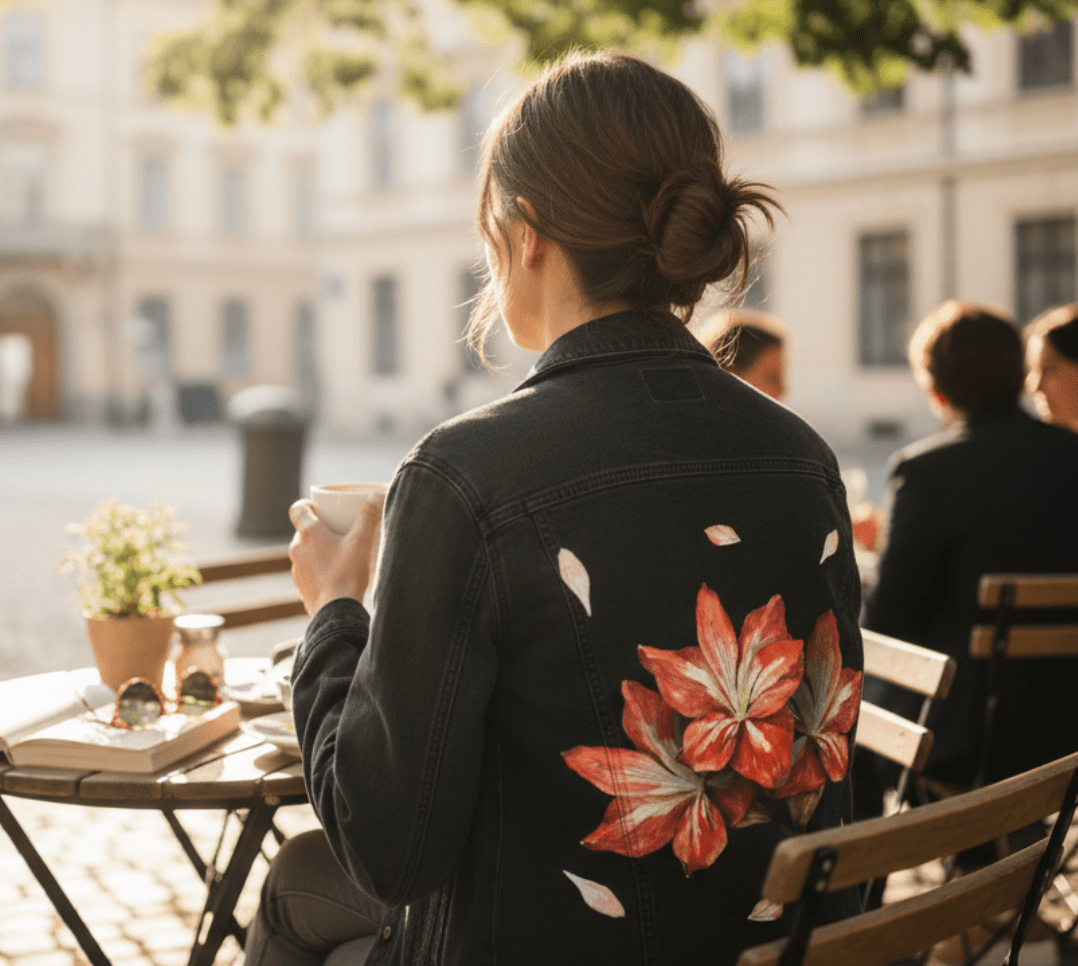 3 RED FLOWERS by RaMir DESIGNS,printed by DenimINK on hand-crafted Denim Jackets and other denim products and other denim products: tote bags, throw pillows, table place mats, aprons