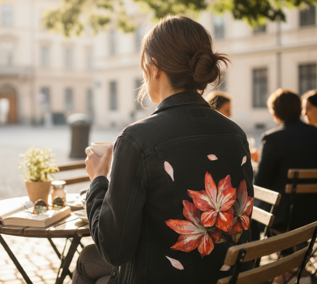 3 RED FLOWERS by RAMIR DESIGNS, digitally printed on DENIM products: throw pillows, aprons, table place mats, and hand-made Unisex Denim Jackets in 3 color choices
