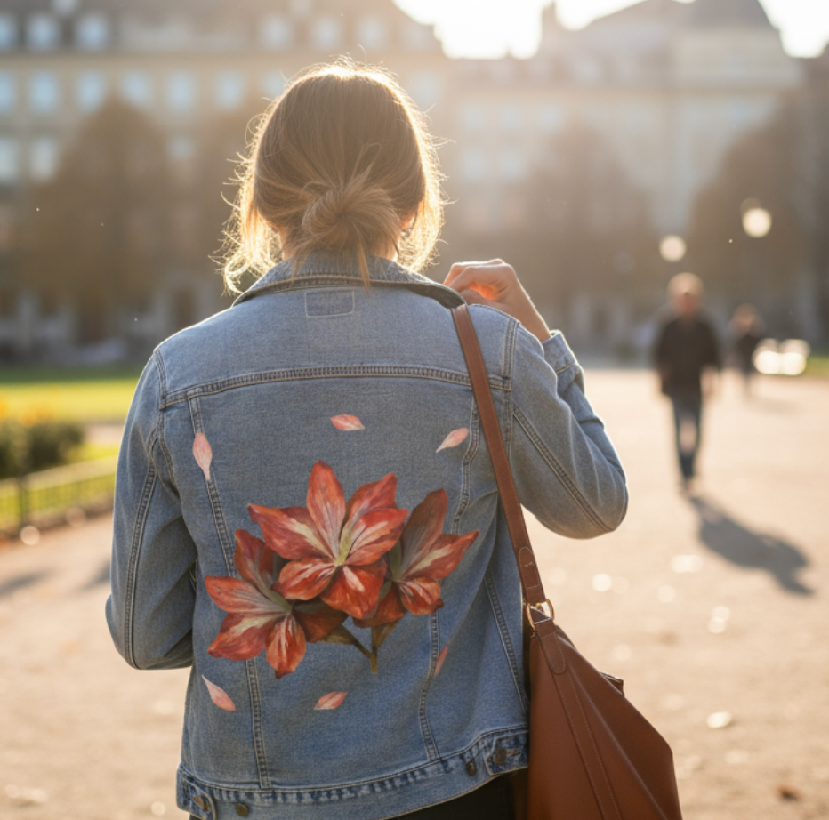 3 RED FLOWERS by RAMIR DESIGNS, digitally printed on DENIM products: throw pillows, aprons, table place mats, and hand-made Unisex Denim Jackets in 3 color choices