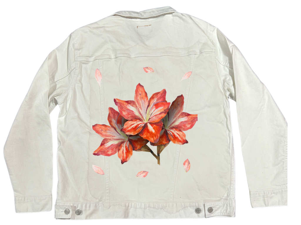 3 RED FLOWERS by RAMIR DESIGNS, digitally printed on DENIM products: throw pillows, aprons, table place mats, and hand-made Unisex Denim Jackets in 3 color choices