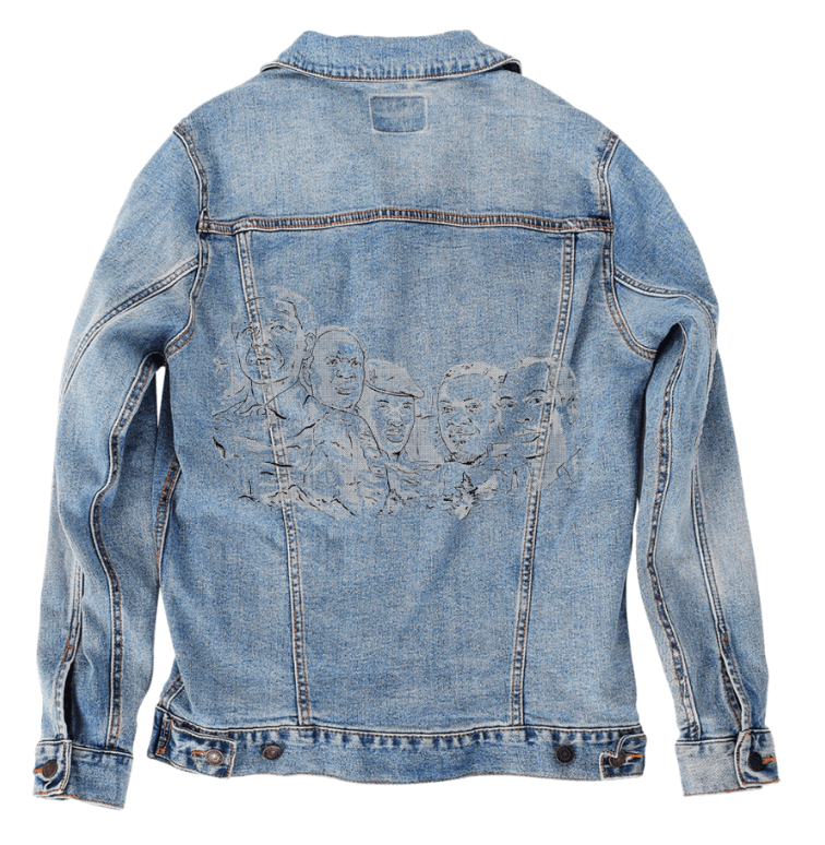 AFRICA MOUNT RUSHMORE, by THE NYGERIANS, digitally printed on DENIM products: throw pillows, aprons, table place mats, and hand - made Unisex Denim Jackets in 3 color choices custom denim jacket by DenimINK