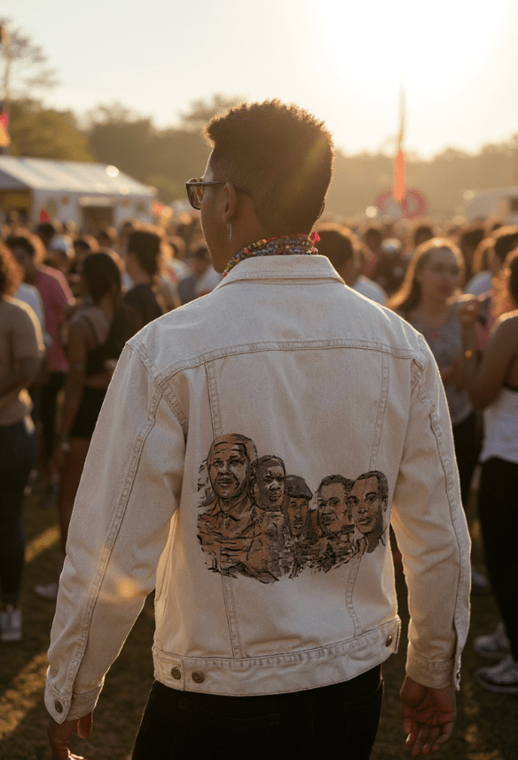 AFRICA MOUNT RUSHMORE, by THE NYGERIANS, digitally printed on DENIM products: throw pillows, aprons, table place mats, and hand - made Unisex Denim Jackets in 3 color choices custom denim jacket by DenimINK