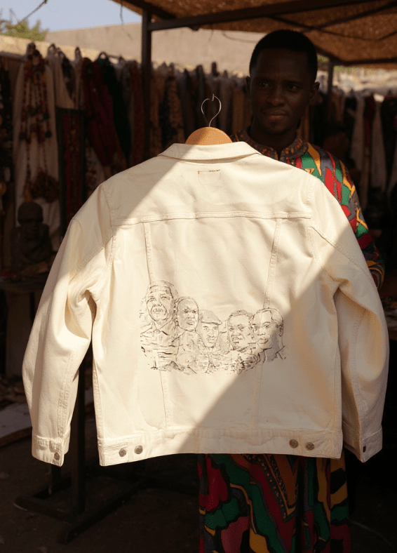 AFRICA MOUNT RUSHMORE, by THE NYGERIANS, digitally printed on DENIM products: throw pillows, aprons, table place mats, and hand-made Unisex Denim Jackets in 3 color choices AFRICA MOUNT RUSHMORE, by Nygerians, printed on a hand-made Unisex Denim Jacket