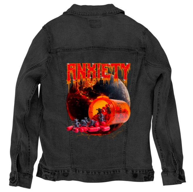 ANXIETY by DeROUCHE DESIGNS, digitally printed on DENIM products: throw pillows, aprons, table place mats, and hand-made Unisex Denim Jackets in 3 color choices