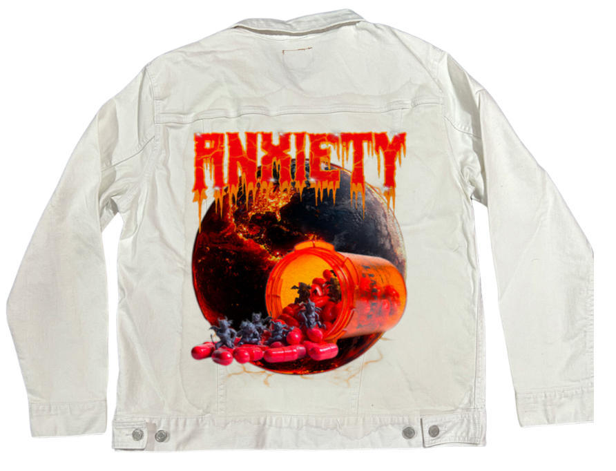 ANXIETY by DeROUCHE DESIGNS, digitally printed on DENIM products: throw pillows, aprons, table place mats, and hand-made Unisex Denim Jackets in 3 color choices