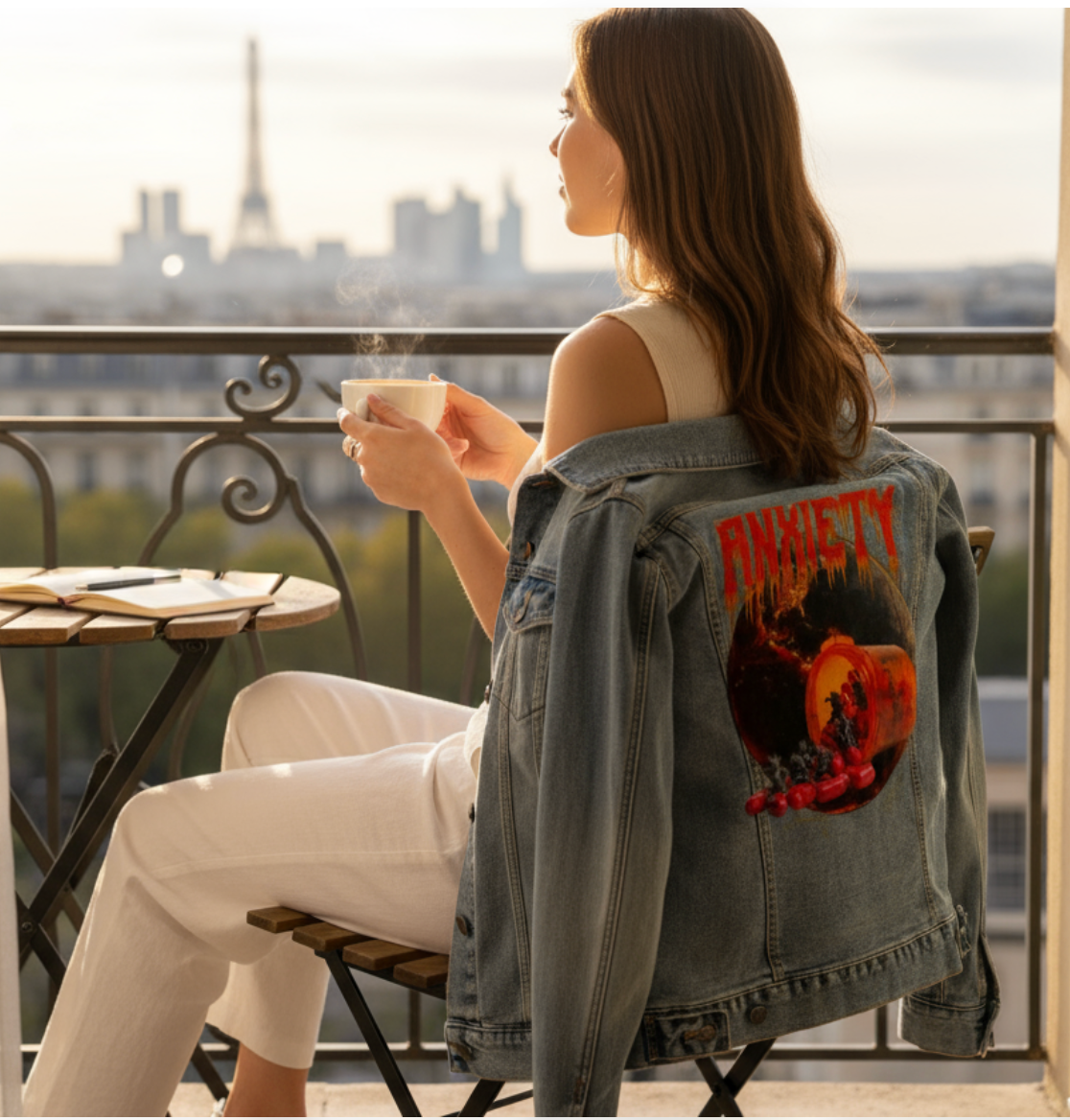ANXIETY by DeROUCHE DESIGNS, digitally printed on DENIM products: throw pillows, aprons, table place mats, and hand-made Unisex Denim Jackets in 3 color choices