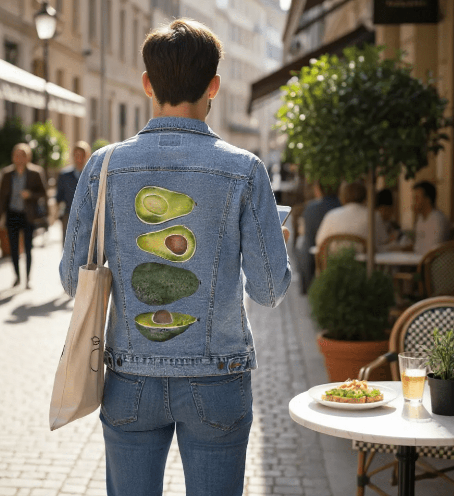AVOCADO SLICES by CatCoq, digitally printed on DENIM products: throw pillows, aprons, table place mats, and hand-made Unisex Denim Jackets in 3 color choices AVOCADO SLICES by CatCoq, digitally printed on DENIM products: throw pillows, aprons, table place mats, and hand-made Unisex Denim Jackets in 3 color choices