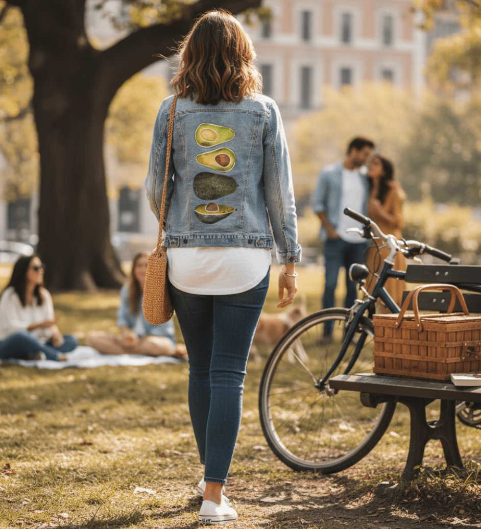 AVOCADO SLICES by CatCoq, digitally printed on DENIM products: throw pillows, aprons, table place mats, and hand-made Unisex Denim Jackets in 3 color choices AVOCADO SLICES by CatCoq, digitally printed on DENIM products: throw pillows, aprons, table place mats, and hand-made Unisex Denim Jackets in 3 color choices