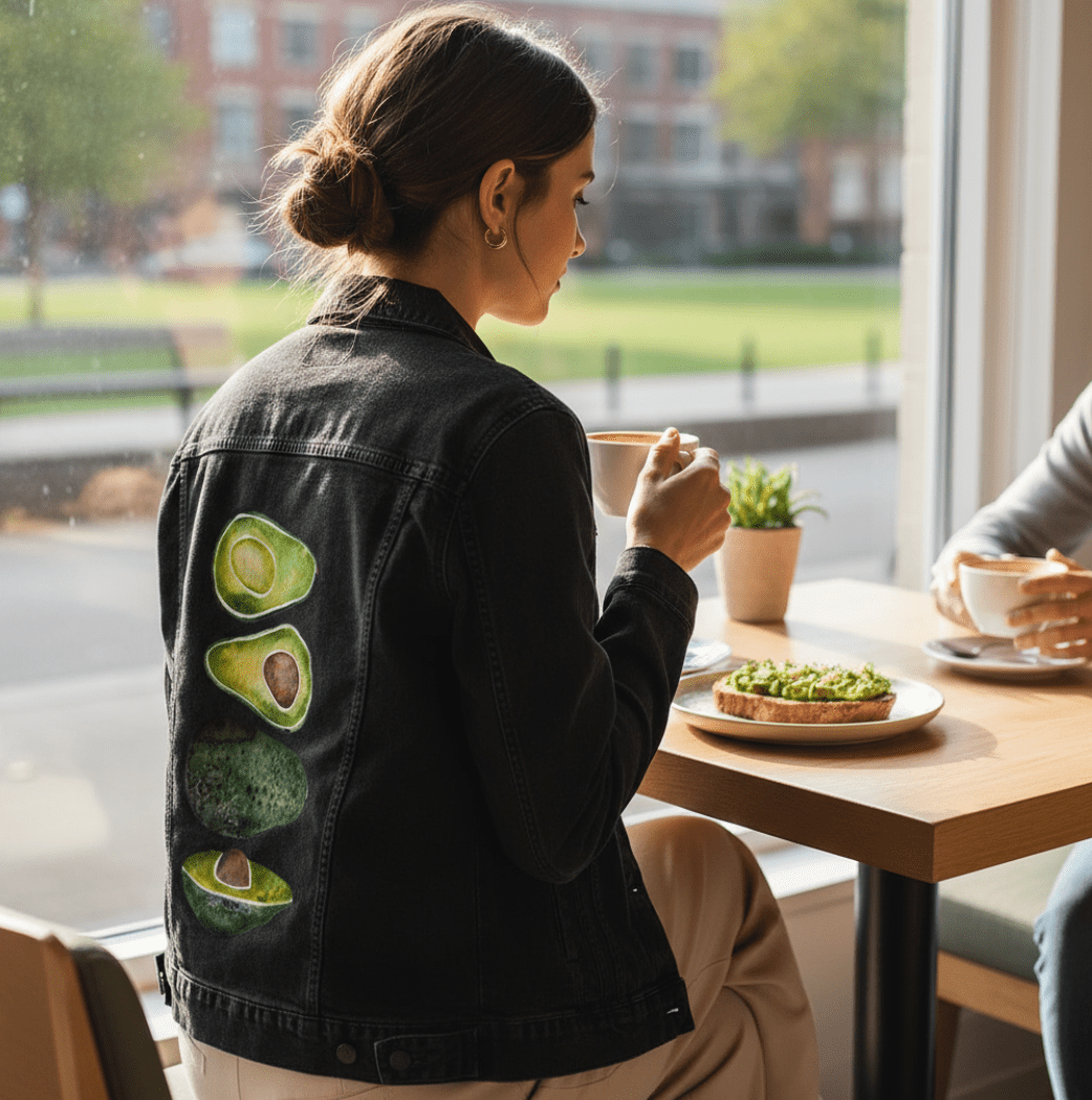 AVOCADO SLICES by CatCoq, digitally printed on DENIM products: throw pillows, aprons, table place mats, and hand-made Unisex Denim Jackets in 3 color choices AVOCADO SLICES by CatCoq, digitally printed on DENIM products: throw pillows, aprons, table place mats, and hand-made Unisex Denim Jackets in 3 color choices