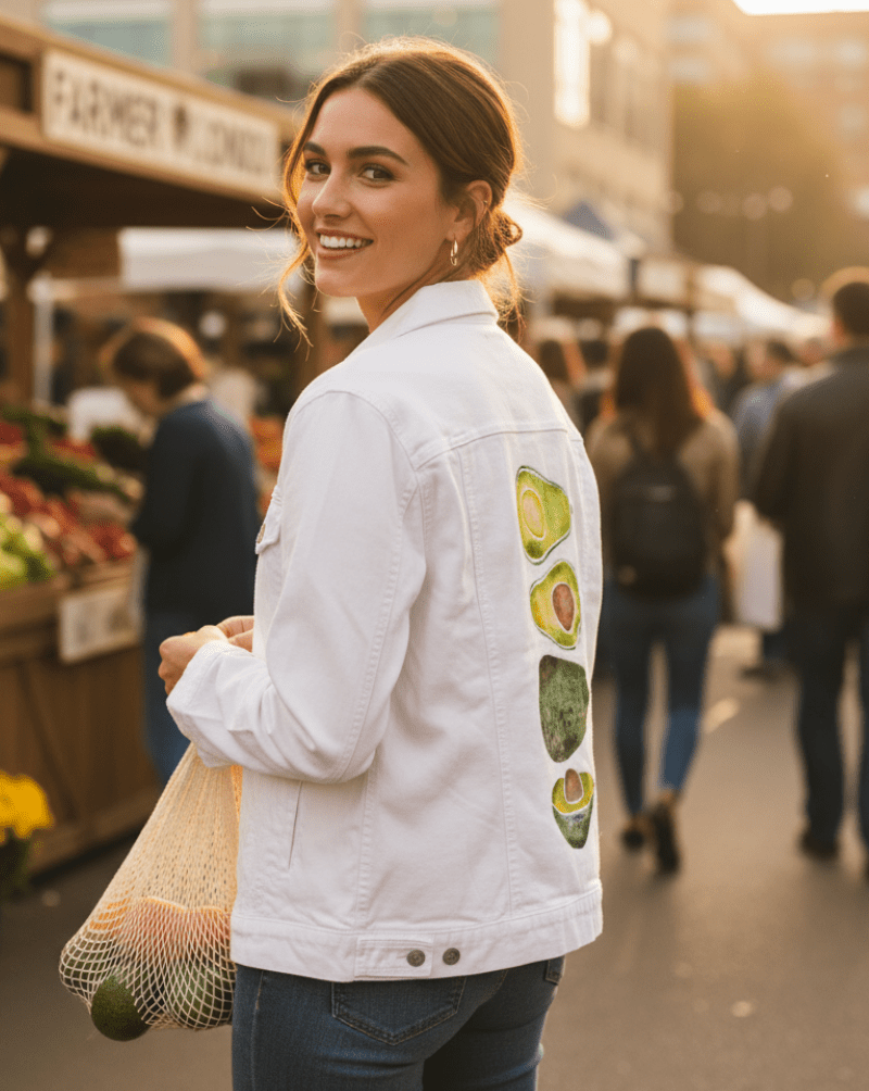 AVOCADO SLICES by CatCoq, digitally printed on DENIM products: throw pillows, aprons, table place mats, and hand-made Unisex Denim Jackets in 3 color choices AVOCADO SLICES by CatCoq, digitally printed on DENIM products: throw pillows, aprons, table place mats, and hand-made Unisex Denim Jackets in 3 color choices