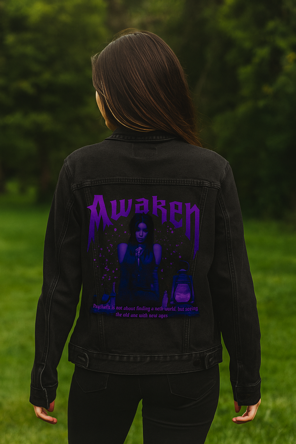 AWAKEN by DeROUCHE DESIGNS, digitally printed on DENIM products: throw pillows, aprons, table place mats, and hand-made Unisex Denim Jackets in 3 color choices