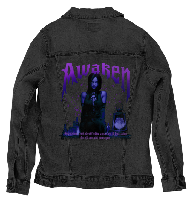 AWAKEN by DeROUCHE DESIGNS, digitally printed on DENIM products: throw pillows, aprons, table place mats, and hand-made Unisex Denim Jackets in 3 color choices