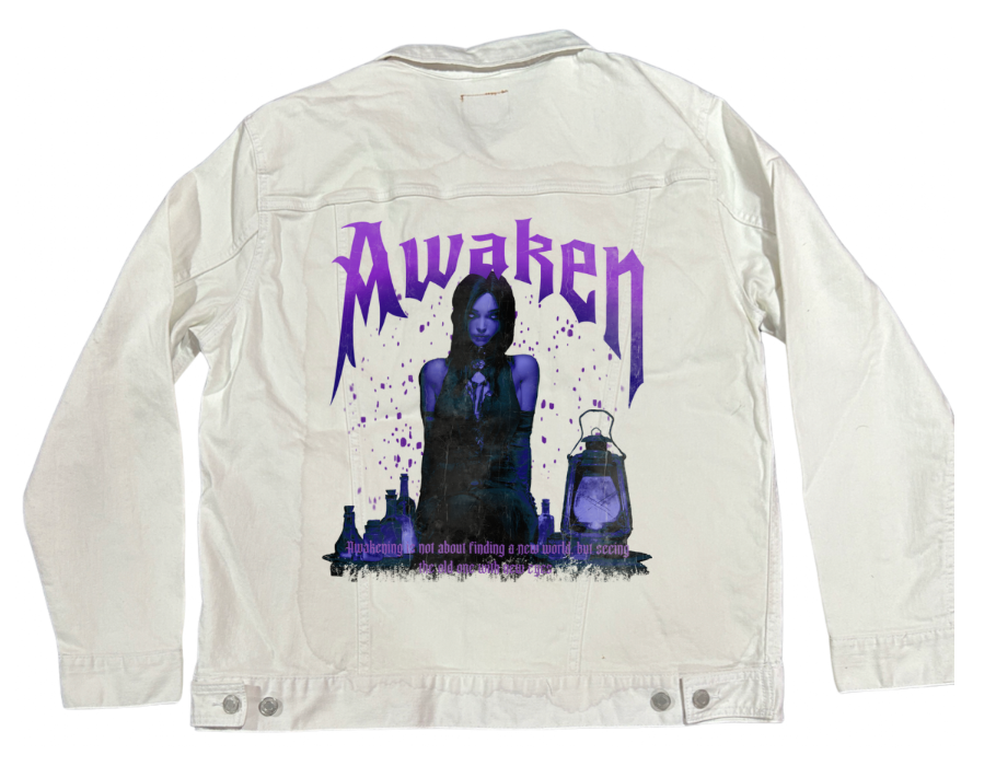 AWAKEN by DeROUCHE DESIGNS, digitally printed on DENIM products: throw pillows, aprons, table place mats, and hand-made Unisex Denim Jackets in 3 color choices