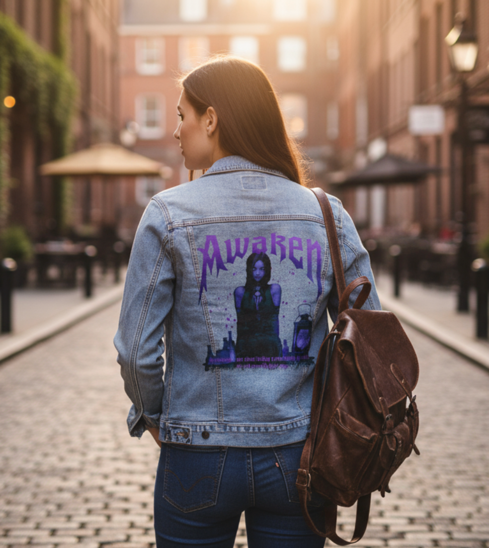 AWAKEN by DeROUCHE DESIGNS, digitally printed on DENIM products: throw pillows, aprons, table place mats, and hand-made Unisex Denim Jackets in 3 color choices
