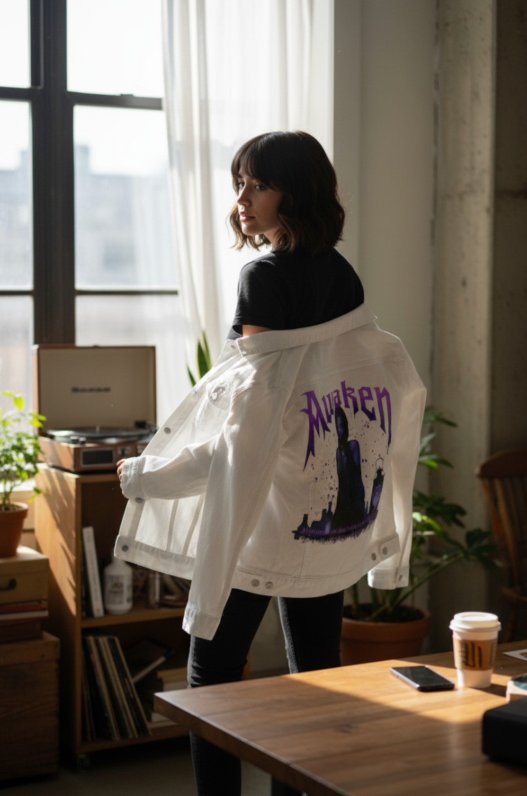 AWAKEN by DeROUCHE DESIGNS, digitally printed on DENIM products: throw pillows, aprons, table place mats, and hand-made Unisex Denim Jackets in 3 color choices