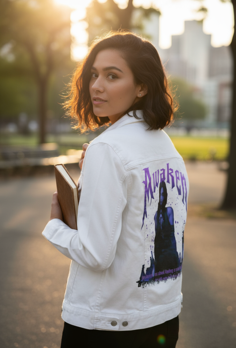 AWAKEN by DeROUCHE DESIGNS, digitally printed on DENIM products: throw pillows, aprons, table place mats, and hand-made Unisex Denim Jackets in 3 color choices