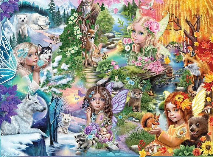 A SEASON OF FAIRIES by SHEENA PIKE, digitally printed on DENIM products: throw pillows, aprons, table place mats, and hand-made Unisex Denim Jackets in 3 color choices