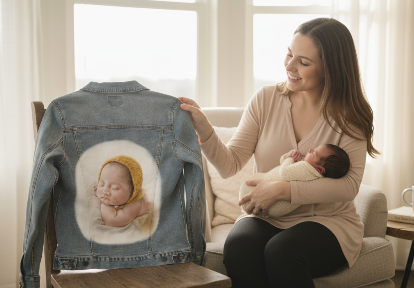 BABY YELLOW HAT by RAMIR DESIGNS, digitally printed on DENIM products: throw pillows, aprons, table place mats, and hand-made Unisex Denim Jackets in 3 color choices