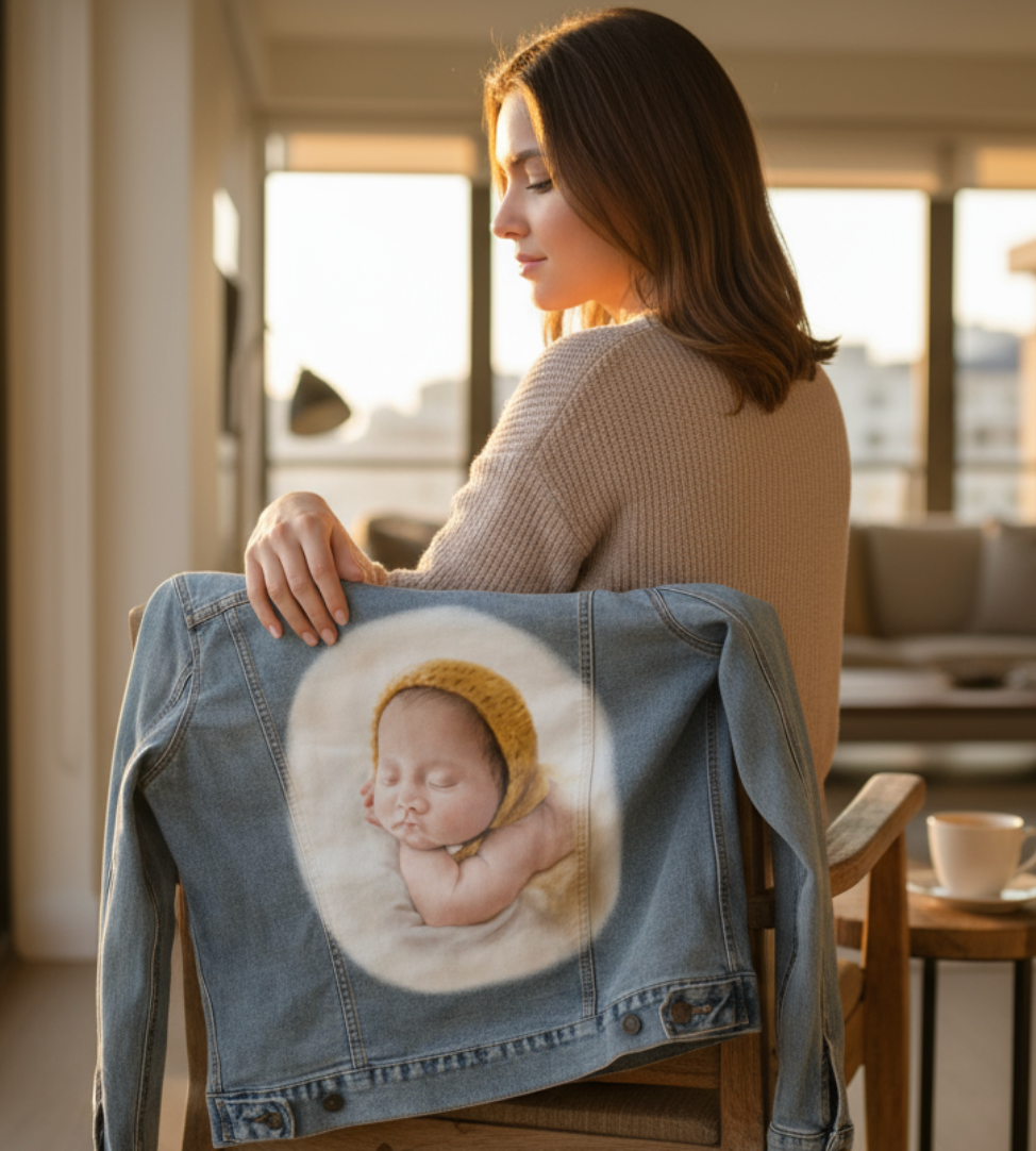 BABY YELLOW HAT by RAMIR DESIGNS, digitally printed on a hand-made Unisex Denim Jacket