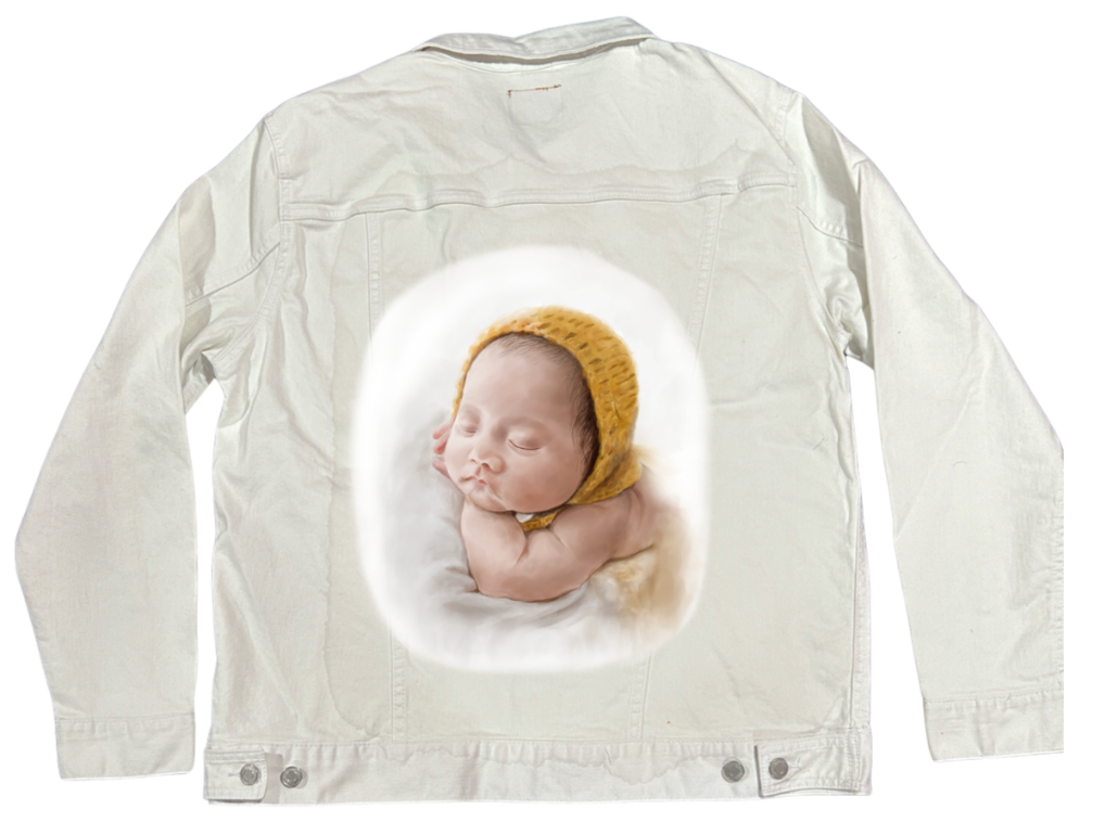 BABY YELLOW HAT by RAMIR DESIGNS, digitally printed on DENIM products: throw pillows, aprons, table place mats, and hand-made Unisex Denim Jackets in 3 color choices