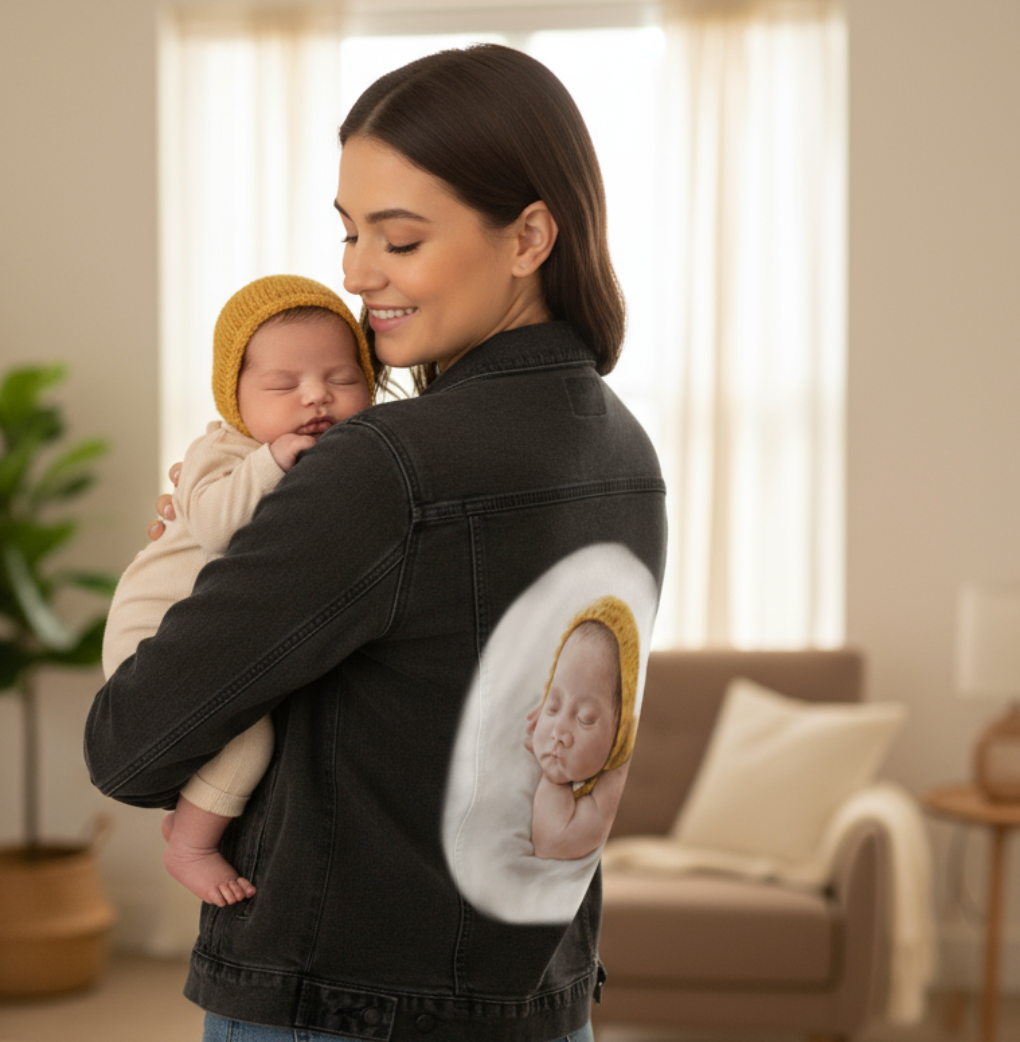 BABY YELLOW HAT by RAMIR DESIGNS, digitally printed on DENIM products: throw pillows, aprons, table place mats, and hand-made Unisex Denim Jackets in 3 color choices