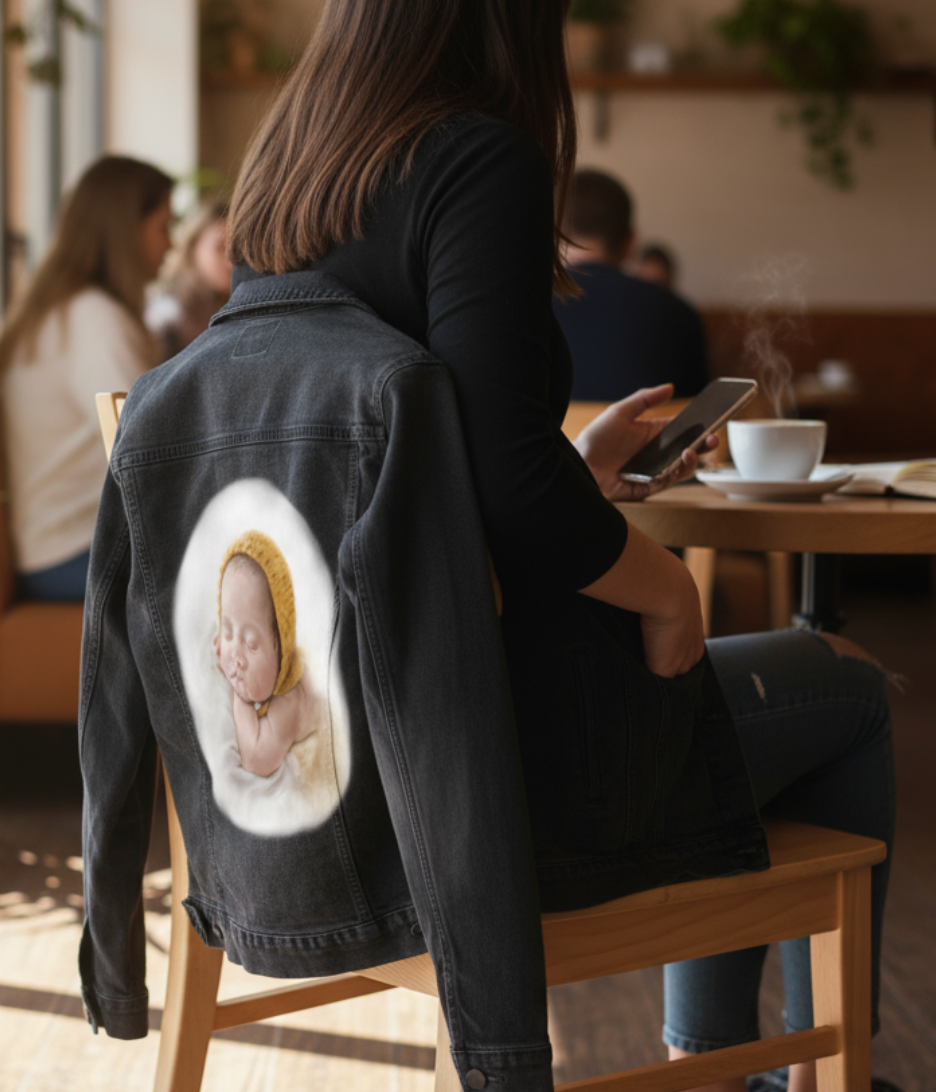 BABY YELLOW HAT by RAMIR DESIGNS, digitally printed on a hand-made Unisex Denim Jacket