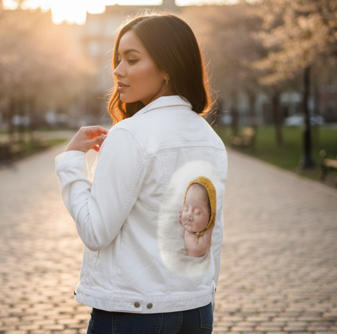 BABY YELLOW HAT by RAMIR DESIGNS, digitally printed on DENIM products: throw pillows, aprons, table place mats, and hand-made Unisex Denim Jackets in 3 color choices