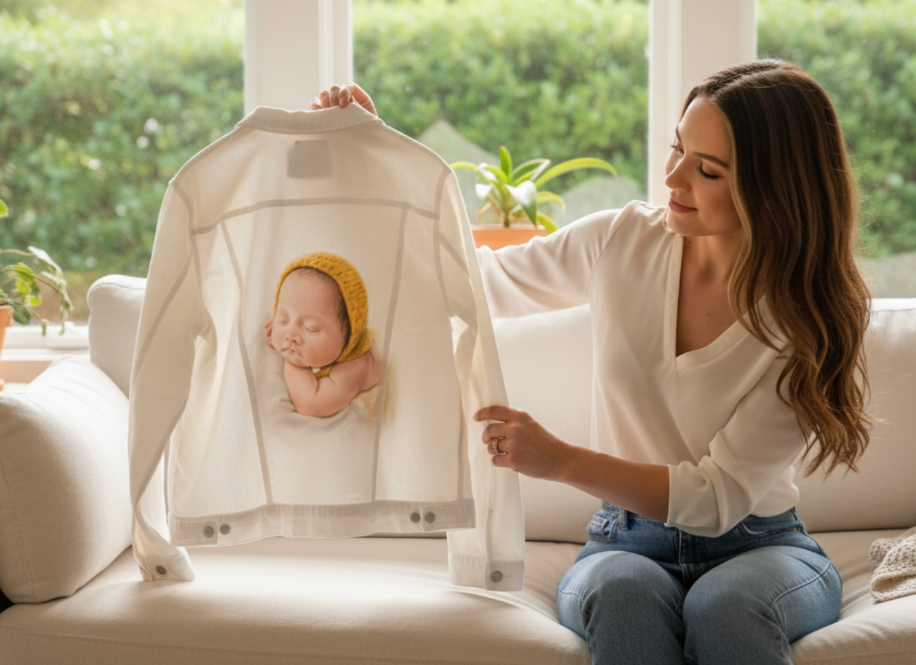 BABY YELLOW HAT by RAMIR DESIGNS, digitally printed on DENIM products: throw pillows, aprons, table place mats, and hand-made Unisex Denim Jackets in 3 color choices