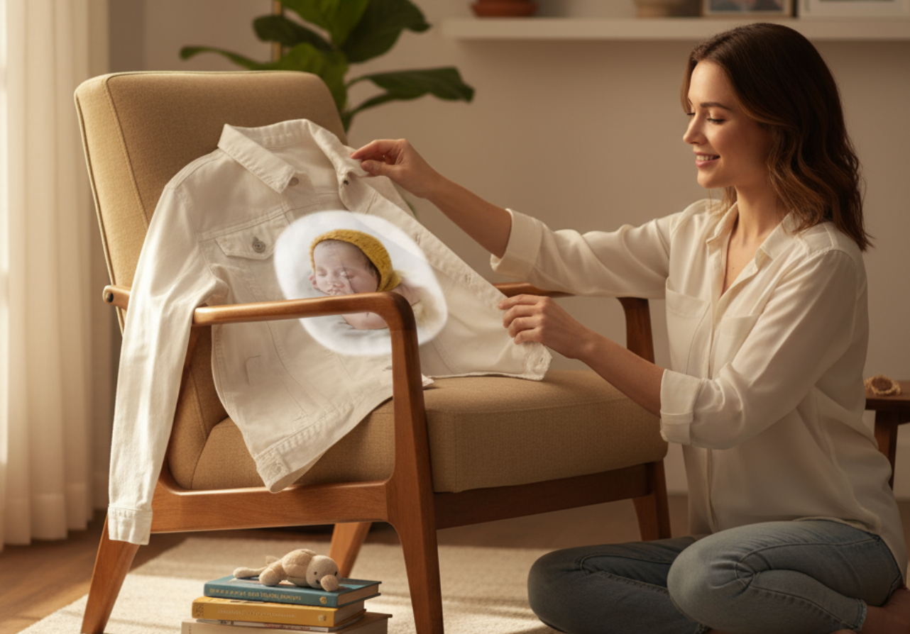 BABY YELLOW HAT by RAMIR DESIGNS, digitally printed on DENIM products: throw pillows, aprons, table place mats, and hand-made Unisex Denim Jackets in 3 color choices